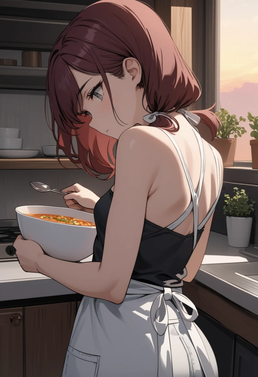 best quality, masterpiece, stoic,young woman, from behind, head tilt, looking down, upper body, close up, Gray eyes, dark red hair, swept bangs, low twin tails, white ribbons, black strapless shirt, white apron, jeans, small breasts, toned armsCooking in the kitchen, wooden walls, potted plant, window, dusk, Hold the bowl in your right hand,Hold a spoon in your left hand