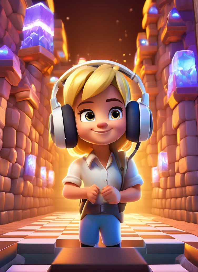 best quality, masterpiece, Blonde-haired girl wearing headphones and a white shirt, White shirt, Clash Royale style, portrait, checkers比赛,手拿checkers, checkers，In an underground city illuminated by glowing crystals, Dwarfs live,, Disney cartoons, cute cartoon, Movie, Volumetric Lighting, Very detailed, 8K