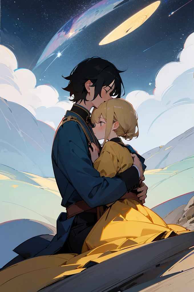 Generates a drawing of two people sitting, embraced on a mountain contemplating a starry sky under the moon 