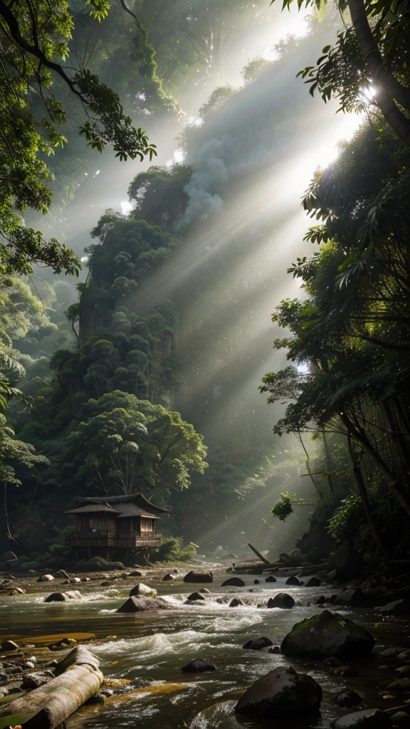 View of West Java in 1800, a simple wooden house on the edge of a fast, rocky river with blue water. lots of big bamboo groves, large and dense tropical trees, lush foliage, bark, there are dead trees, there are yellowing leaves. foggy volcano background, dramatic sunlight, muted pallete color.