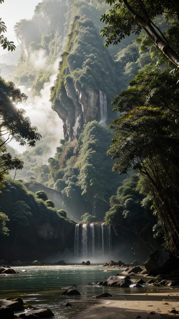 View of West Java in 1800, a simple wooden house on the edge of a fast, rocky river with blue water. lots of big bamboo groves, large and dense tropical trees, lush foliage, bark, there are dead trees, there are yellowing leaves. foggy volcano background, dramatic sunlight, muted pallete color.