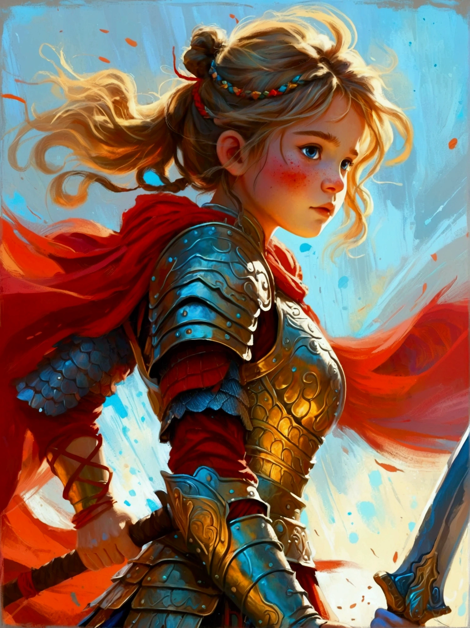 Create a digital painting that portrays a brave warrior, symbolizing the battle of health. Use bold and vibrant colors to enhance the whimsical and vivacious feel, typical of children's design. The warrior should be seen in dynamic poses, drawing inspiration from comic books. The painting should embody the essence of perseverance and strength with energetic brushstrokes. Remember to capture the child-friendly design and translate it into the language of a brave warrior fighting their battle, thus making health an accessible concept to the young.
