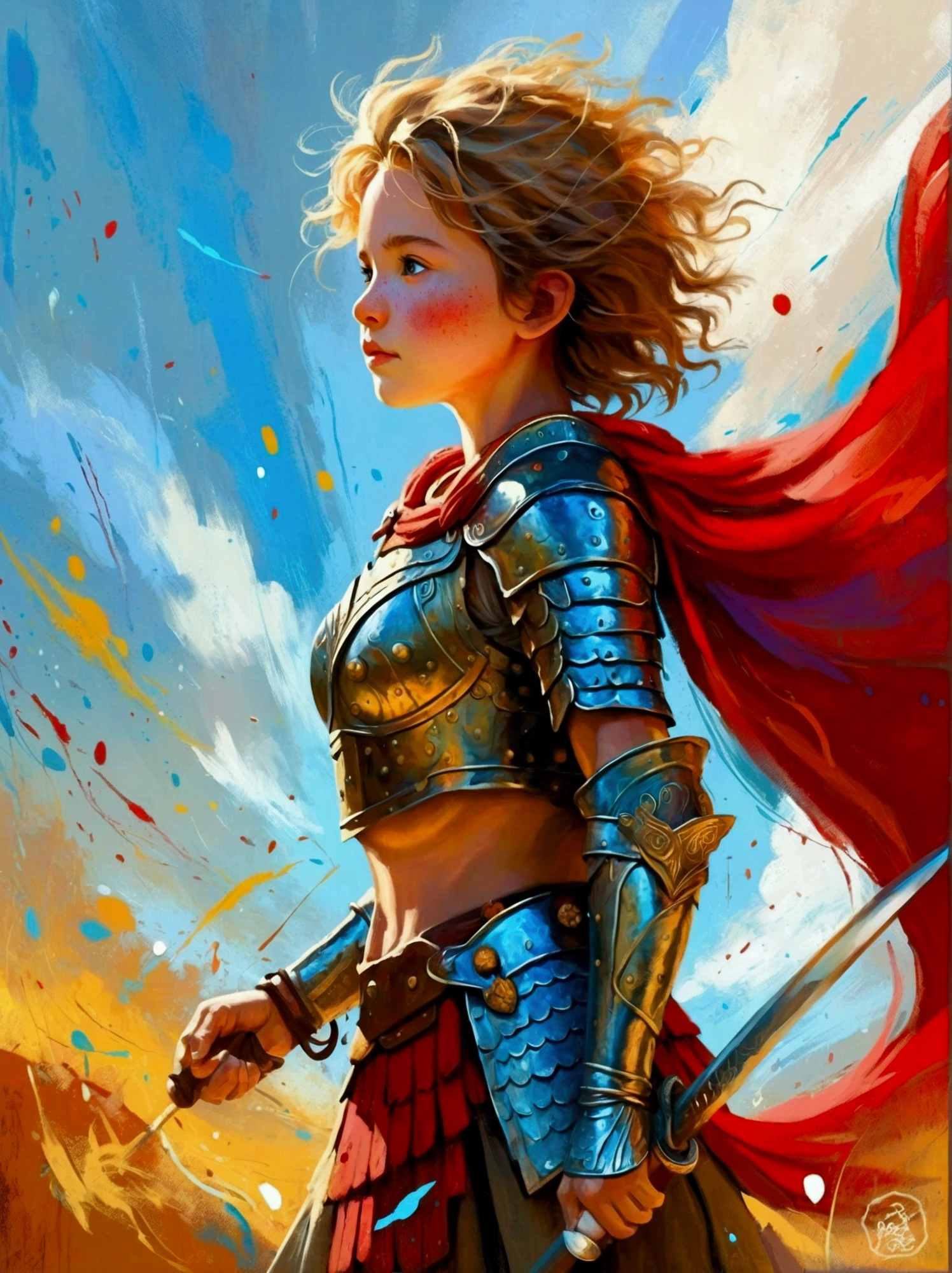 Create a digital painting that portrays a brave warrior, symbolizing the battle of health. Use bold and vibrant colors to enhance the whimsical and vivacious feel, typical of children's design. The warrior should be seen in dynamic poses, drawing inspiration from comic books. The painting should embody the essence of perseverance and strength with energetic brushstrokes. Remember to capture the child-friendly design and translate it into the language of a brave warrior fighting their battle, thus making health an accessible concept to the young.