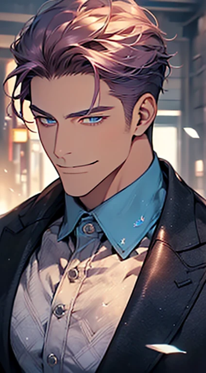 (best quality, masterpiece, 8K, photorealistic, cinematic lighting, 1:4 hdr image, ultra detailed, beautiful image), a mature man, 35 years very handsome, ((cold expression smile in love)), short purple hair, blue eyes, face perfect without mistakes, ((buttoning his jacket, CEO)), smile.