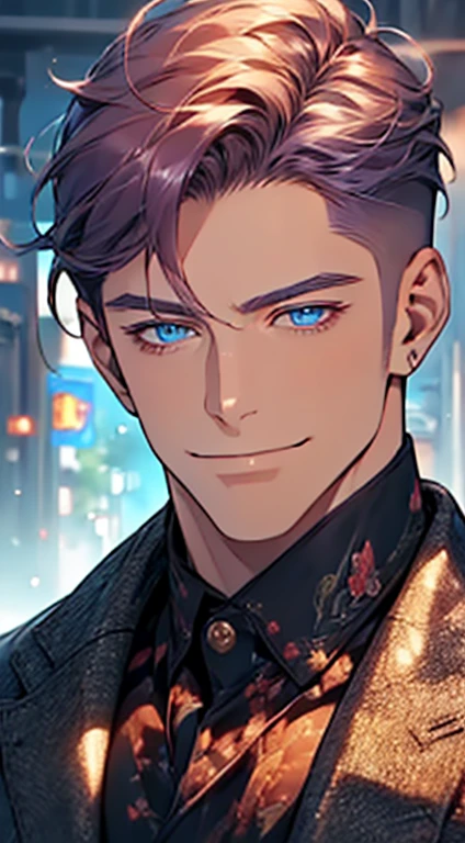 (best quality, masterpiece, 8K, photorealistic, cinematic lighting, 1:4 hdr image, ultra detailed, beautiful image), a mature man, 35 years very handsome, ((cold expression smile in love)), short  purple hair, blue eyes, face perfect without mistakes, ((buttoning his jacket, CEO)), smile.