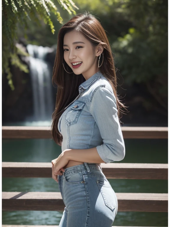 Highest quality, masterpiece, Ultra-high resolution, 8k, immature, (Like the picture:1.4), Professional Lighting, ((1 girl)), (Detailed Background:1.5), Waterfall Background, Ezvian Everywhere, thin, Dynamic pose, cute, Laughter, Small breasts, Detailed clothing, crop_wonderful, (Tight denim pants)、Denim wear、Dark brown long hair、