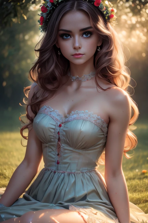 a beautiful delicate young girl,ta fashion dress,laying in the rain wet grass,sensual body,intricate detailed face,large bright eyes,long eyelashes,rosy lips,pale skin,flower crown,cinematic lighting,dramatic moody atmosphere,cinematic composition,photorealistic,highly detailed,vibrant colors,masterpiece