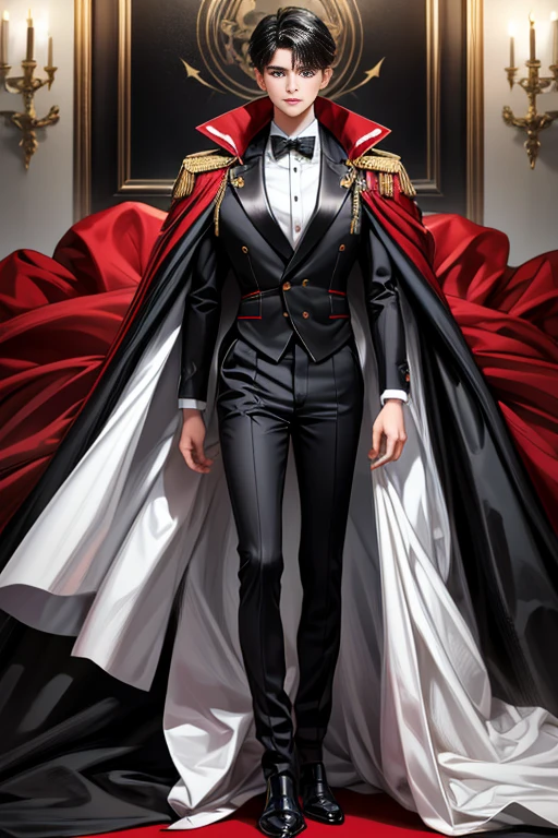 
masterpiece, 最high quality, high quality, 1 boy, alone, Male focus, Watching the audience,  Messy black hair, Adorable big blue eyes, White, Noble, Noble,A sexy, voluminous, puffy cape、tuxedo、A very voluminous, large, very large, very large, long, long red and black cape with a high stand-up collar, made of a lot of fabric that reaches down to the floor., ,Cute beautiful boys,Cute, cute, kind, handsome guy