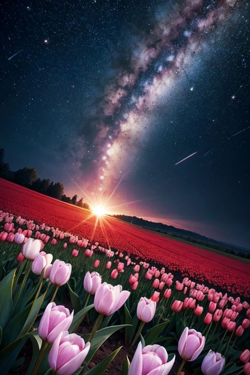 A tulip in the middle of the universe，Capture stunning details with a macro lens，supernova explosion. asteroid belt. Tulip Field in the middle of the universe. This is visually synonymous with outerspace，people are awed and terrorfied，​​Surrounded by solar flares，Gives a feeling of aw, The ground is covered in tulip flowers. This image was created using a digital simulation of a soft brush，Completed in unison in a fascinating and mysterious sci-fi setting，A perfect blend of natural beauty and surreal aspects