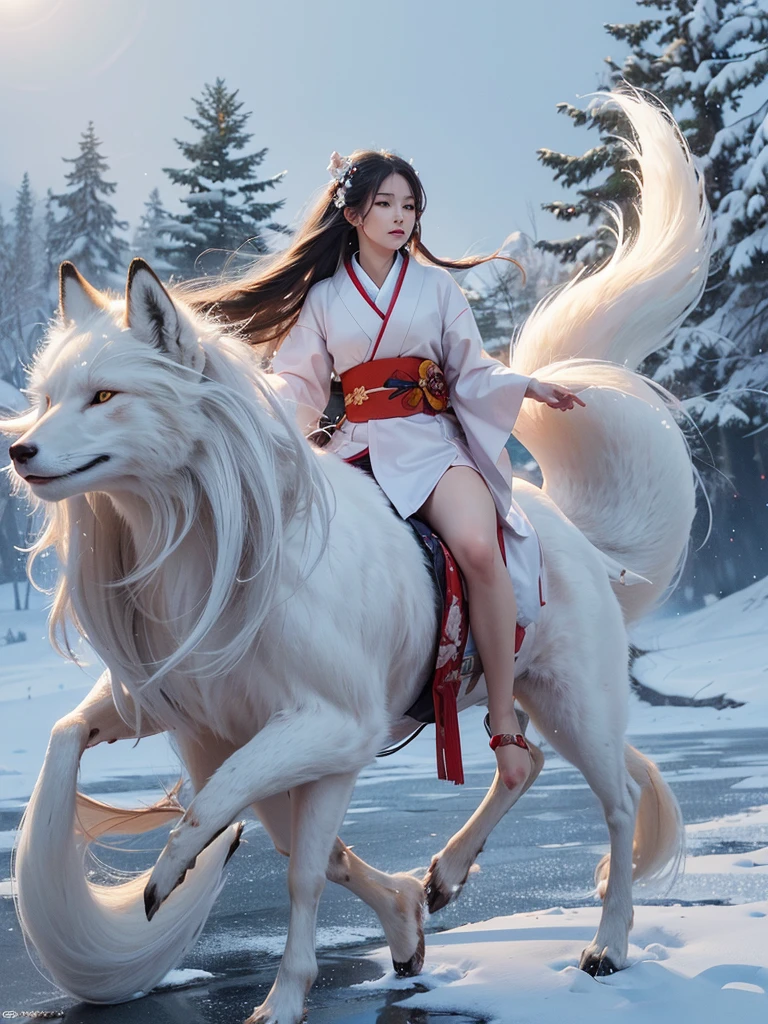 (best quality, ultra high res, beautiful woman, riding nine-tailed fox, white snowy background, kimono, long flowing hair, detailed fur texture)