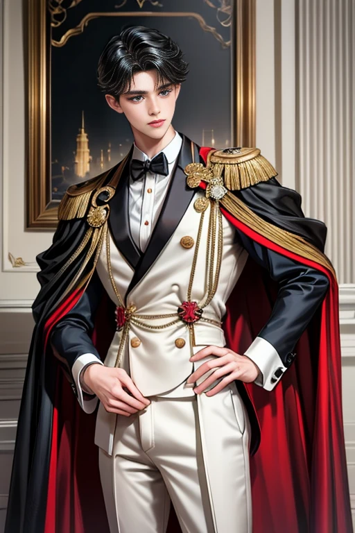 masterpiece, 最high quality, high quality, 1 boy, alone, Male focus, Watching the audience, Messy black hair, Adorable big blue eyes, White, Noble, Noble,A sexy, voluminous, puffy cape、tuxedo、A very voluminous, large, very large, very large, long, long red and black cape with a high stand-up collar, made of a lot of fabric that reaches down to the floor., 17 years old,Cute beautiful boys,Cute, cute, kind, handsome guy