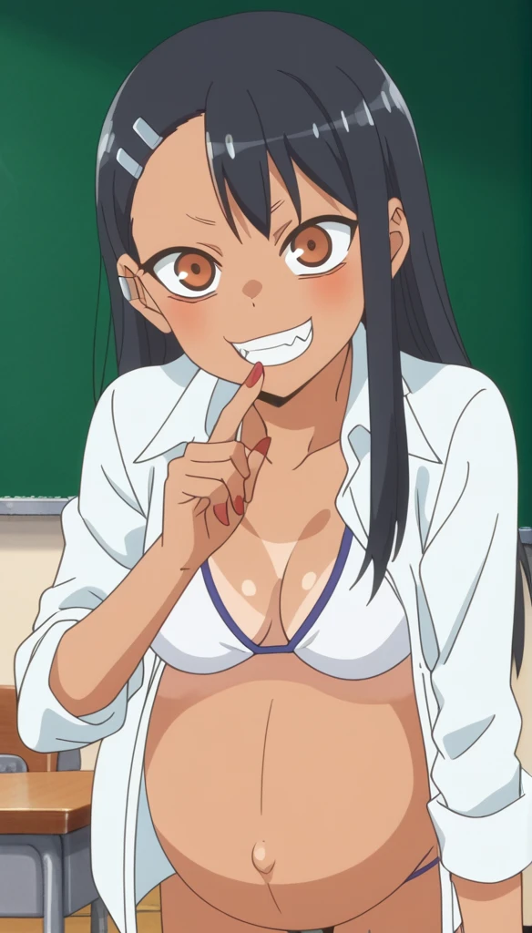 score_9, score_8_up, score_7_up, source_anime, anime screencap, anime coloring, 
hayasenagatoro,
hayase nagatoro, long hair, black hair, hair ornament, brown eyes, hairclip, fang, dark skin, dark-skinned female, tan, short shirt, bikini, unbuttoned, nail polish, red nails, earclip,
indoors, classroom, bent over,
looking at viewer, solo, ((shows her belly)), ((pregnant belly)), huge belly, rub belly,