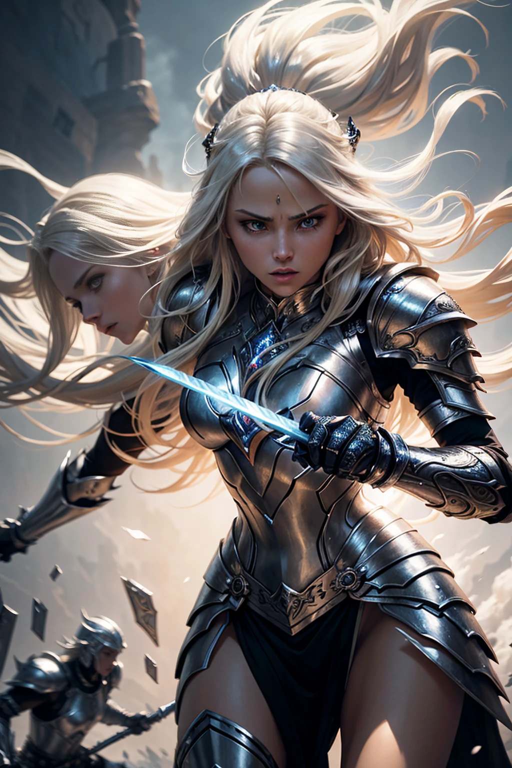 a beautiful white woman with long blonde hair, wearing ornate futuristic silver armor, wielding a glowing sword, engaging in an intense battle against a powerful african woman warrior, highly detailed, cinematic composition, dramatic lighting, epic fantasy art, muted color palette, moody atmosphere