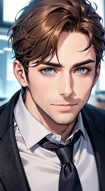 (best quality,4k,8k,highres,masterpiece:1.2),ultra-detailed,(realistic,photorealistic,photo-realistic:1.37),1 man,31 years old,mature man,very handsome,without expression,smile,short grey brown hair,blue eyes,penetrating gaze,perfect face without errors,imposing posture,businessman,office background,cinematic lighting,hdr image