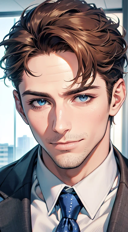 (best quality,4k,8k,highres,masterpiece:1.2),ultra-detailed,(realistic,photorealistic,photo-realistic:1.37),1 man,31 years old,mature man,very handsome,without expression,smile,short grey brown hair,blue eyes,penetrating gaze,perfect face without errors,imposing posture,businessman,office background,cinematic lighting,hdr image