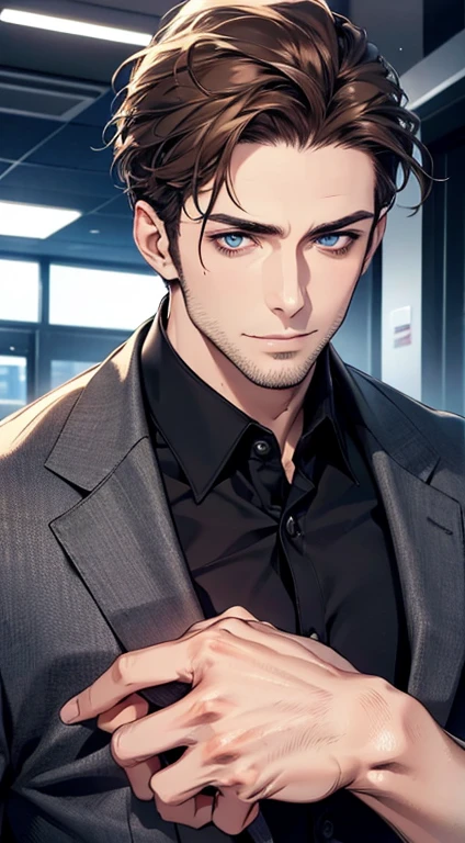 (best quality,4k,8k,highres,masterpiece:1.2),ultra-detailed,(realistic,photorealistic,photo-realistic:1.37),1 man,31 years old,mature man,very handsome,without expression,smile,short grey brown hair,blue eyes,penetrating gaze,perfect face without errors,imposing posture,businessman,office background,cinematic lighting,hdr image
