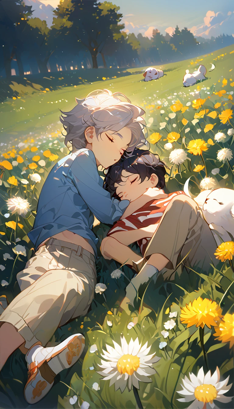 masterpiece, best quality, 8k, 4k, 1boy, kid, sleeping, dark blue hair with red stripes, blue long sleeve shirt, short pale brown pants with pocket, lay down on the field,  white puppy sleeping next to the boy, siberian white puppy, white dandelions fields, dandelions Taraxacum erythrosperm, wind blowing, sleeping on the fields, finely detailed eyes and detailed face, inspired by Asukaziye artist : ask, art style : ask