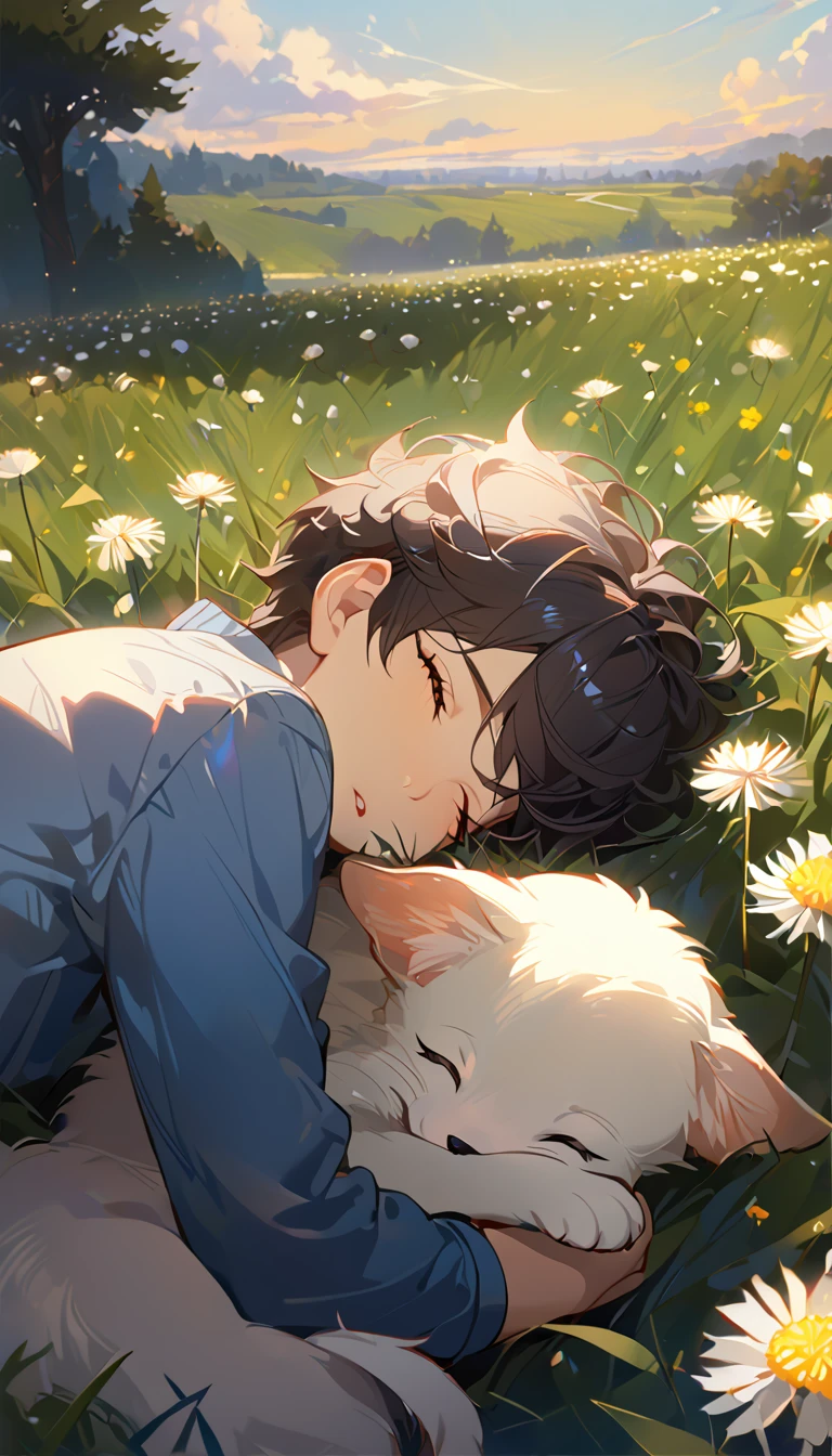 masterpiece, best quality, 8k, 4k, 1boy, kid, sleeping, dark blue hair with red stripes, blue long sleeve shirt, short pale brown pants with pocket, lay down on the field, white puppy sleeping next to the boy, siberian white puppy, white dandelions fields, dandelions Taraxacum erythrosperm, wind blowing, sleeping on the fields, finely detailed eyes and detailed face, inspired by Asukaziye artist : ask, art style : ask