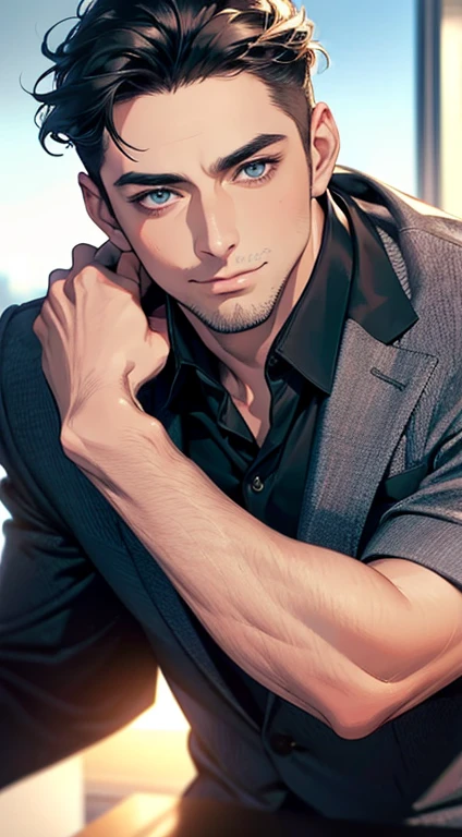 (best quality,4k,8k,highres,masterpiece:1.2),ultra-detailed,(realistic,photorealistic,photo-realistic:1.37),1 man,31 years old,mature man,very handsome,without expression,smile,short grey black hair,blue eyes,penetrating gaze,perfect face without errors,imposing posture,businessman,office background,cinematic lighting,hdr image