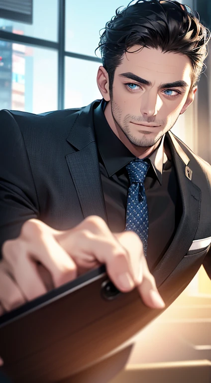 (best quality,4k,8k,highres,masterpiece:1.2),ultra-detailed,(realistic,photorealistic,photo-realistic:1.37),1 man,31 years old,mature man,very handsome,without expression,smile,short grey black hair,blue eyes,penetrating gaze,perfect face without errors,imposing posture,businessman,office background,cinematic lighting,hdr image