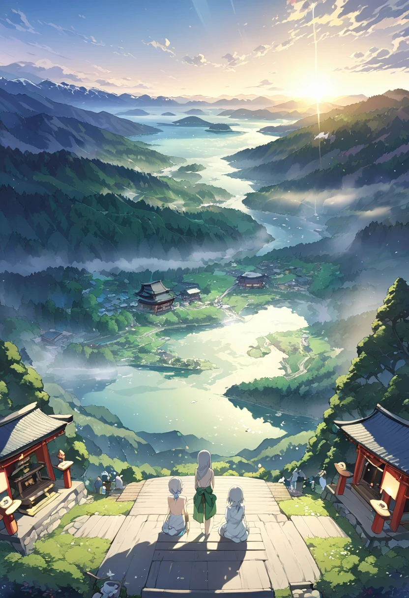((Highest quality)), ((masterpiece))、Small breasts are justice、(The morning sun shines in、Delicate and beautiful)、(A shrine in the mountains shrouded in early morning mist、Two people on stage)
(background(View from the mountain、You can see the lake at the foot of the mountain and the town and forest that spread out along its shores.、I can see the ocean in the distance))、
((prospect(Two people on stage、The morning sun shines through, creating a mysterious beauty、Old womanとGirl))、
Old woman(Vigorous、Long grey hair mixed with white hair、It hangs down the back and is tied around the waist.、Grey Eyes、A dignified atmosphere、Shrine maiden outfit)、Girl
(Blue and silver long hair、It hangs down the back and is tied around the waist.、Blue-green eyes、Lively、Shrine maiden outfit)、dance practice、Uplifting、Old womanによる指導