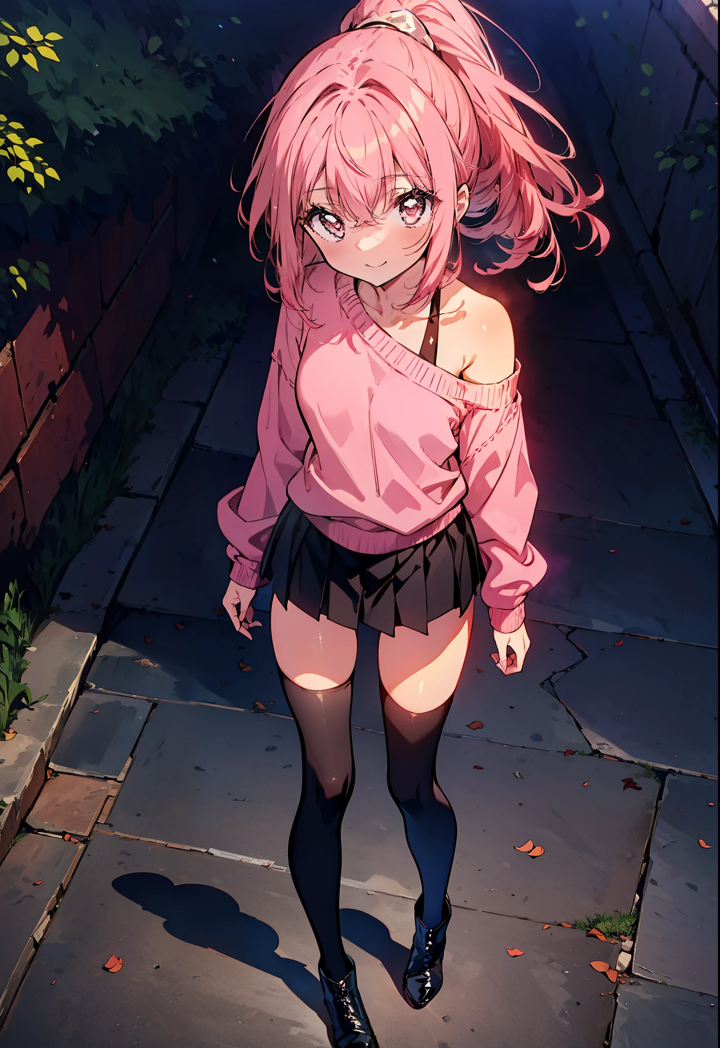 Louise Françoise Lebrun of La Vététière,Pink Hair,Pink Eyes,Long Hair,smile,ponytail,One-shoulder sweater,mini skirt,Black tights,short boots,Walking,Daytime,Clear skies,　　　　　　　　　　　　　　  　　　　　break looking at viewer, whole body,   　　　　　
break outdoors, In town,
break (masterpiece:1.2), Highest quality, High resolution, unity 8k wallpaper, (shape:0.8), (Beautiful attention to detail:1.6), Highly detailed face, Perfect lighting, Highly detailed CG, (Perfect hands, Perfect Anatomy),