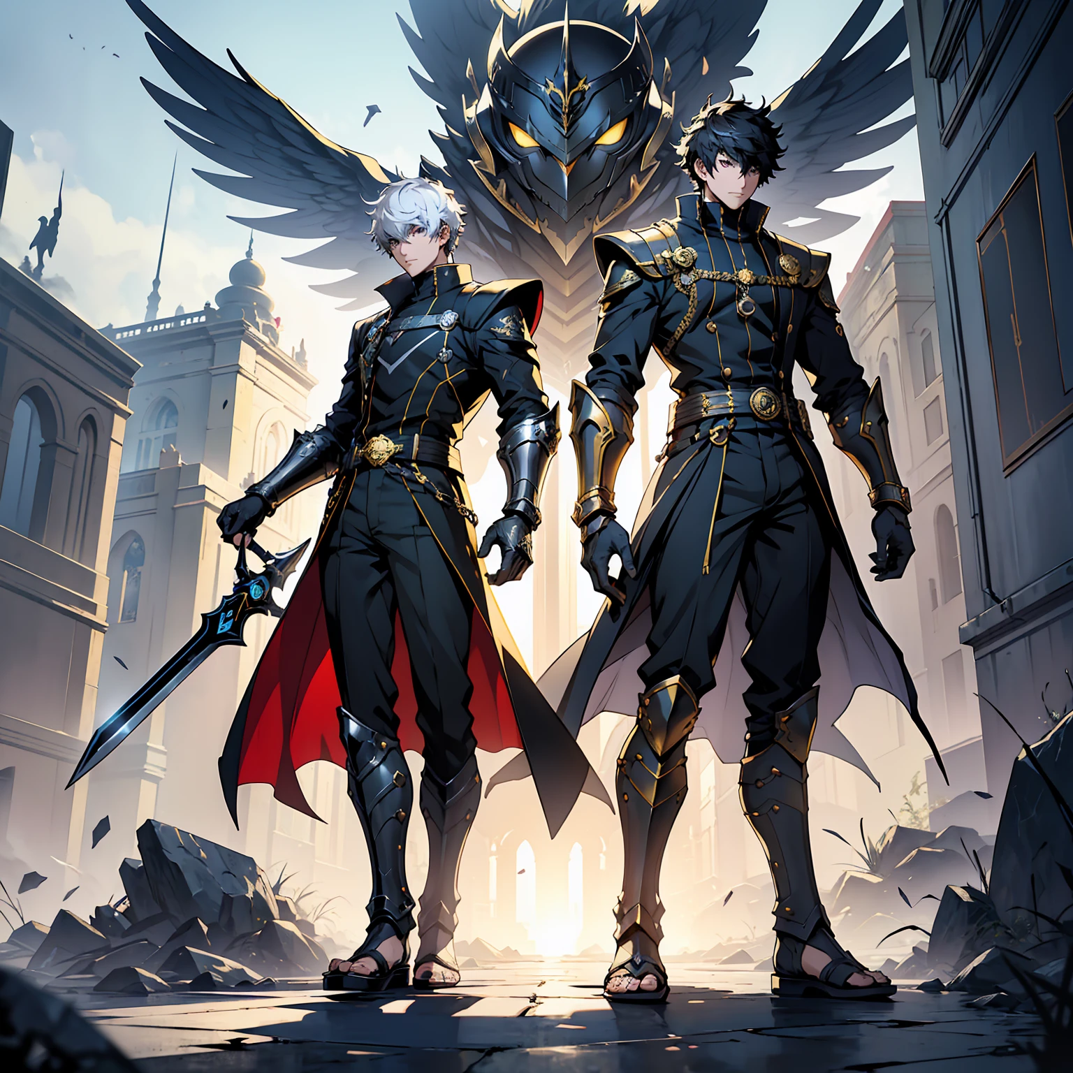 "Create an anime-style image of a single heroic Persona in the style of Persona 5. The Persona should have modern, stylized armor with black and gold details. It should be wearing a gladiator-style helmet that fully covers its head, with no visible face. The Persona should hold a reflective shield in one hand and a glowing sword in the other, posed in a dynamic and iconic stance. Include winged sandals and symbols of protection on the armor. The overall appearance should be mystical and heroic, radiating an aura of justice and bravery."