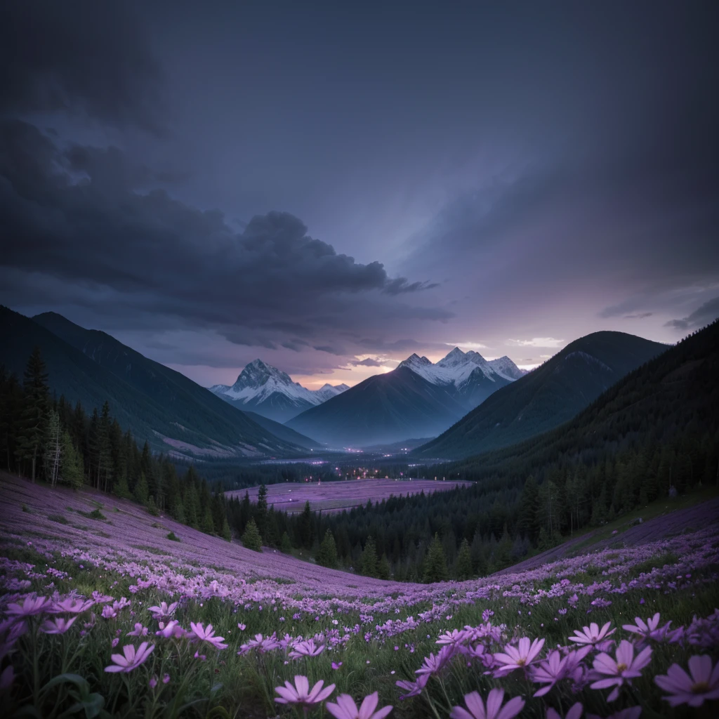 purple flowers, rainy, night without lighting, melancholy, mountains
