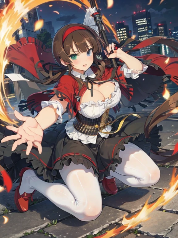 masterpiece, best quality, ryoubi (senran kagura), heterochromia, twintails, blue eyes, green eyes, large breasts, 1girl, solo, brown hair, twintails, night, hairband, ribbon, holding, frills, red footwear, white pantyhose, hair ribbon, skirt, shoes, capelet, dress, black skirt, looking at viewer, cleavage