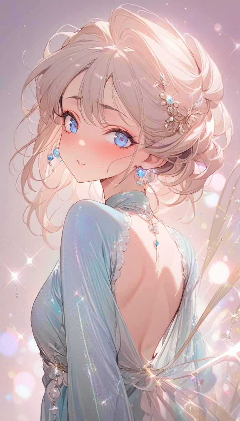 (masterpiece, best quality:1.2), 1 girl, skin detail, beautiful facial features, blue clothes, Round face, exquisite eyes, droopy eyes, hair, glitter, middle age, back, looking back at camera,