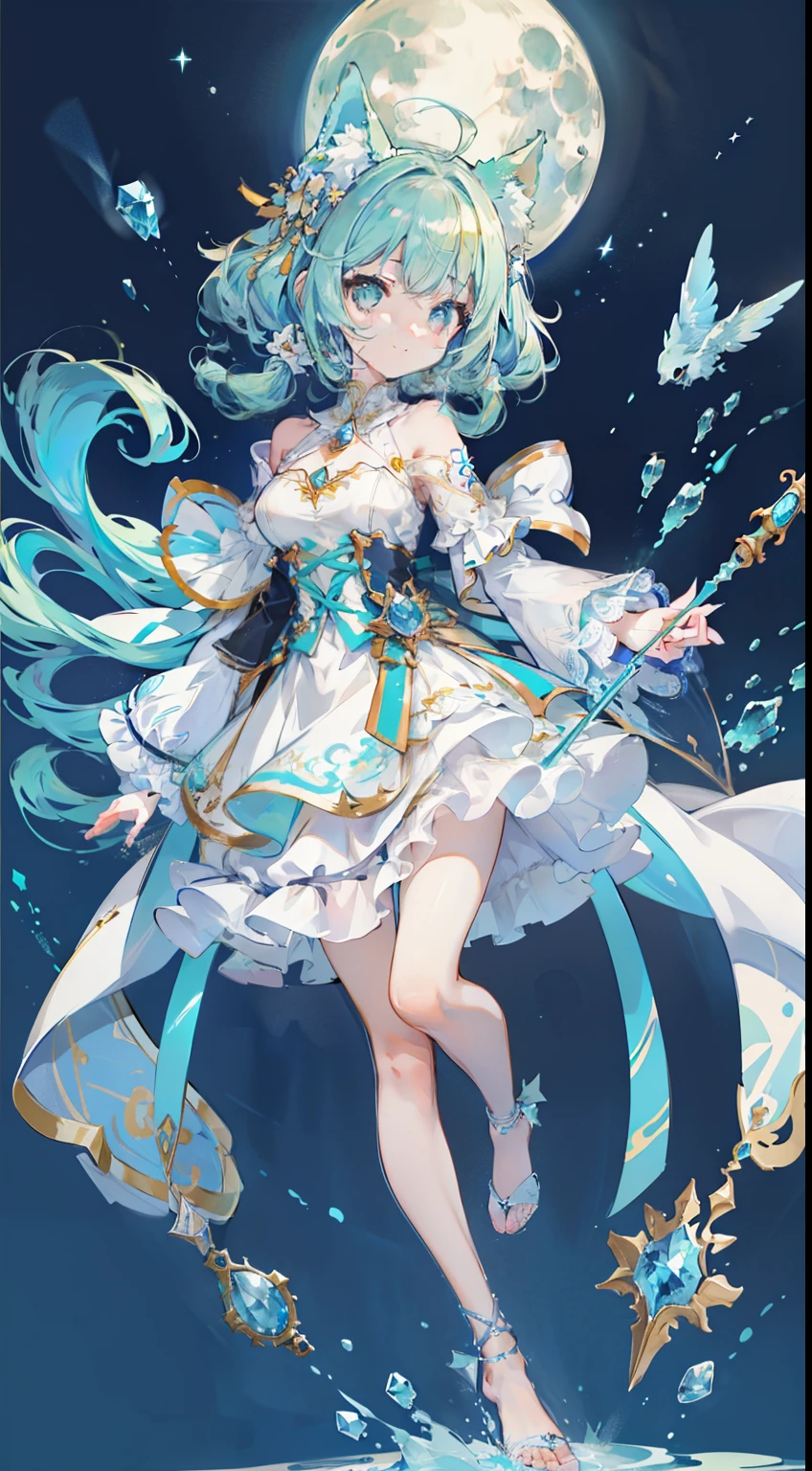 ((Tabletop, Highest quality:1.1))、8k、(Full body standing pose)、Beautiful girl with green hair,curly,Disheveled Hair,Cat ears, White Dress,A deep blue gemstone is set in the chest........,barefoot,Put a blue ring on your ankle,(Holds blue gemstone wand perfectly),Behind him is a shooting star in the night sky々is spreading,The moon is in the sky、With a smile