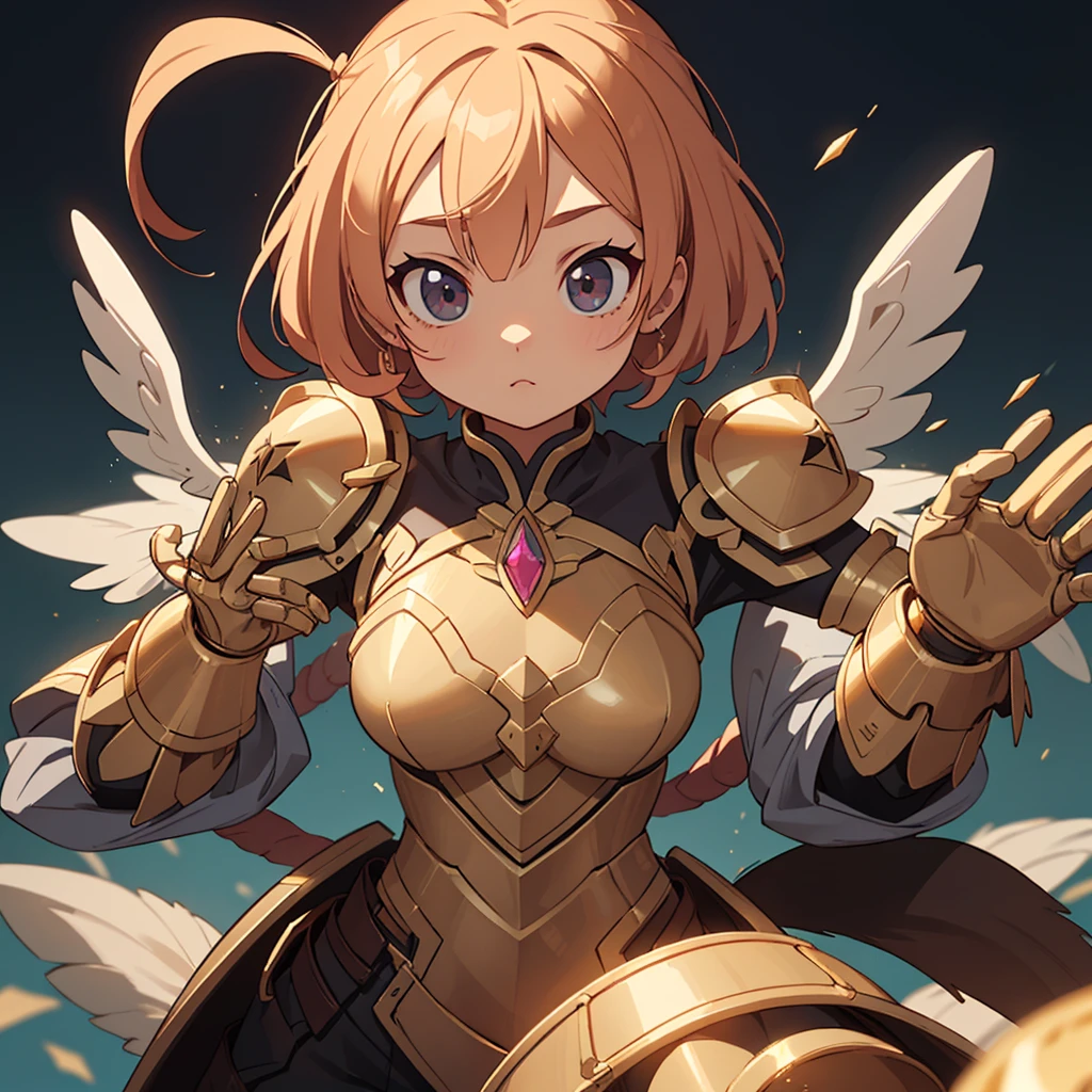 (Chibi character、Little、Ultra HD、Very detailed、Highest quality、Ultra Wide Angle、whole body、Correct body shaping、Detailed face、Acrobatic pose、Top view):2.0、(Close Combat Stance、Excessive number of objects、Excessive number of effects、Countless scattered objects、Dark knight-themed rococo-style gold-rimmed armor、A large gemstone in the center of the chest、Mechanical wings and tail:1.5、Bizarre asymmetrical armor、Neon glowing decorations):1.5