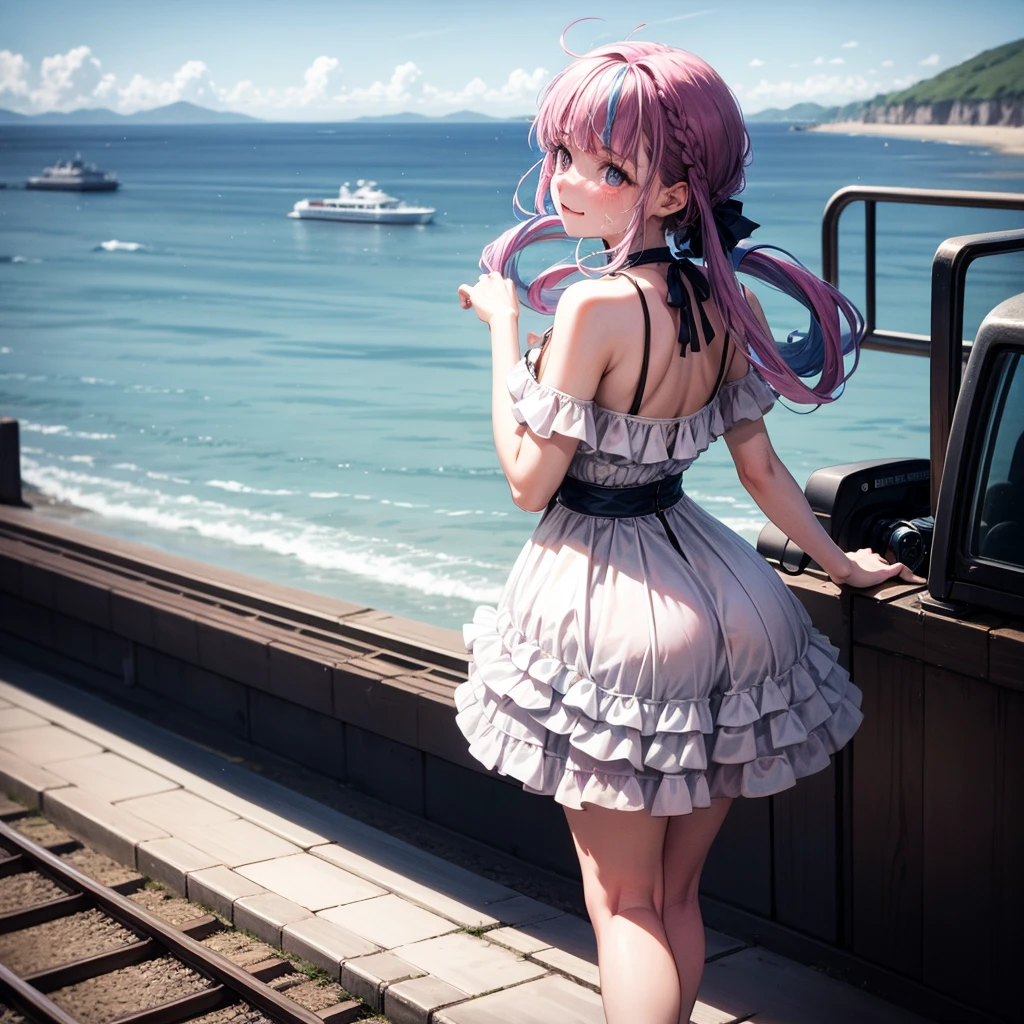 at the seaside，There is a train behind，Leave with your back to the camera，with tears，with tearsSmile，cry