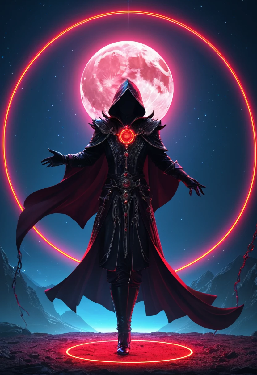 Glowing Red Magic Circle, Necromancer, (alone), alone,Are standing_Split, Full Moon, Ray Tracing, masterpiece, highest quality, super high quality, Absurd detailed, best Light, Best Shadow, sharp, sharp image, detailed, extremely detailed, Amazing resolution, 8k, 4K, Ultra-high resolution, Particle Effects, Beautiful Effects, Vibrant colors, neon Light, neon, Light,