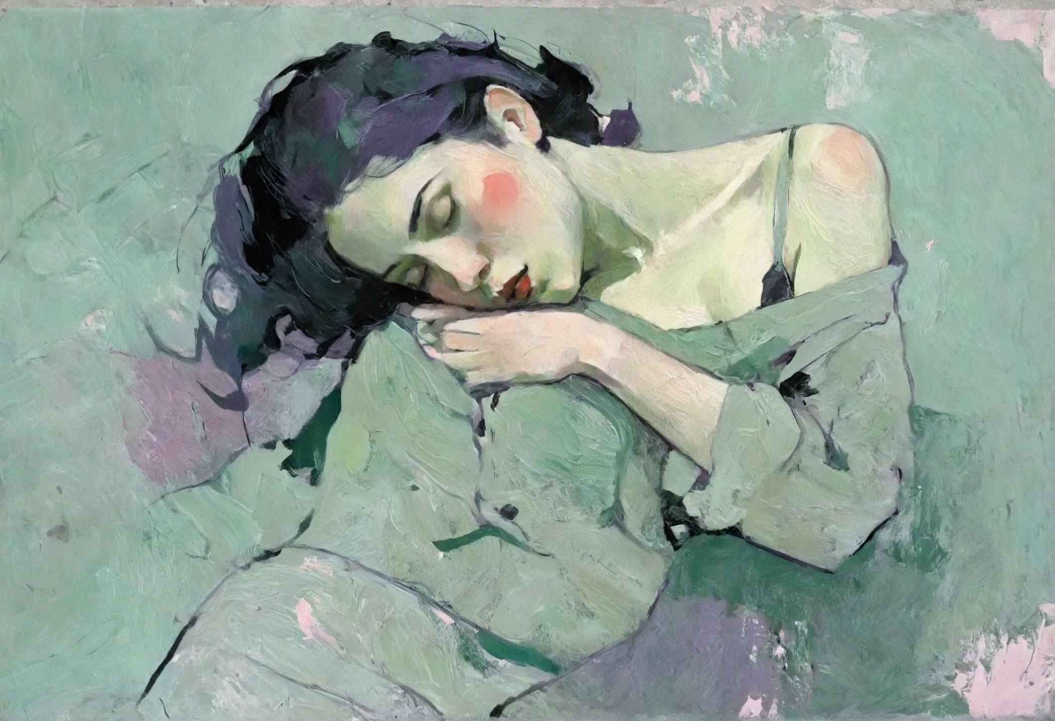 Create a portrait of a young woman in a semi-reclining pose with a pensive expression. Use a painterly style inspired by Malcolm Liepke, characterized by expressive brushstrokes and rich texture. Employ a color palette of muted greens, soft pinks, deep purples, and subtle flesh tones to evoke a sense of depth and emotion. The background should consist of abstract, textured layers in complementary colors, blending seamlessly with the figure. Pay attention to the contrast between the smooth, detailed rendering of the face and the rough, textured application of paint in the surrounding areas. Capture the delicate balance of vulnerability and strength in the subject's gaze and posture