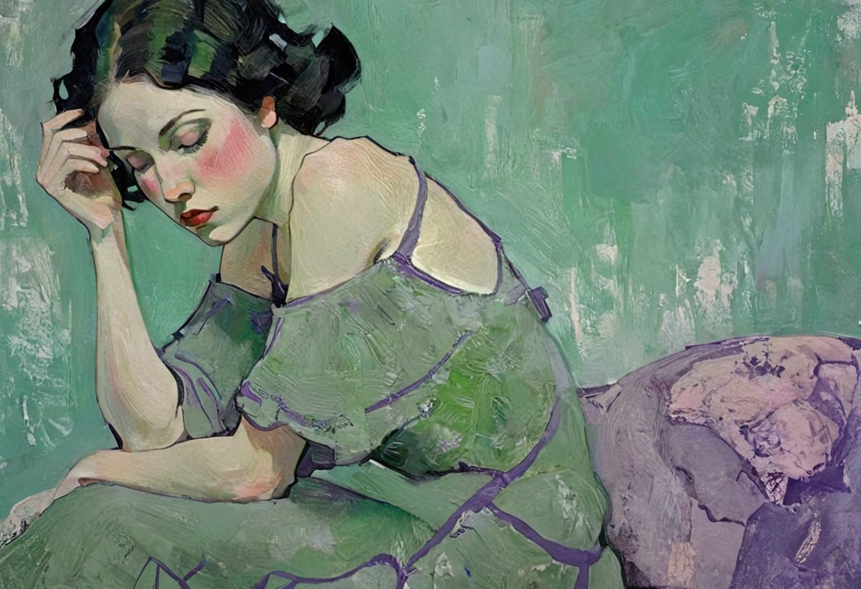 Create a portrait of a young woman in a semi-reclining pose with a pensive expression. Use a painterly style inspired by Malcolm Liepke, characterized by expressive brushstrokes and rich texture. Employ a color palette of muted greens, soft pinks, deep purples, and subtle flesh tones to evoke a sense of depth and emotion. The background should consist of abstract, textured layers in complementary colors, blending seamlessly with the figure. Pay attention to the contrast between the smooth, detailed rendering of the face and the rough, textured application of paint in the surrounding areas. Capture the delicate balance of vulnerability and strength in the subject's gaze and posture