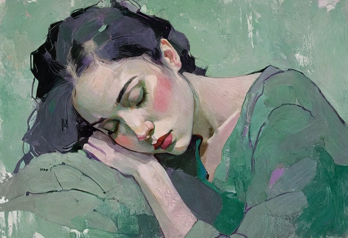 Create a portrait of a young woman in a semi-reclining pose with a pensive expression. Use a painterly style inspired by Malcolm Liepke, characterized by expressive brushstrokes and rich texture. Employ a color palette of muted greens, soft pinks, deep purples, and subtle flesh tones to evoke a sense of depth and emotion. The background should consist of abstract, textured layers in complementary colors, blending seamlessly with the figure. Pay attention to the contrast between the smooth, detailed rendering of the face and the rough, textured application of paint in the surrounding areas. Capture the delicate balance of vulnerability and strength in the subject's gaze and posture