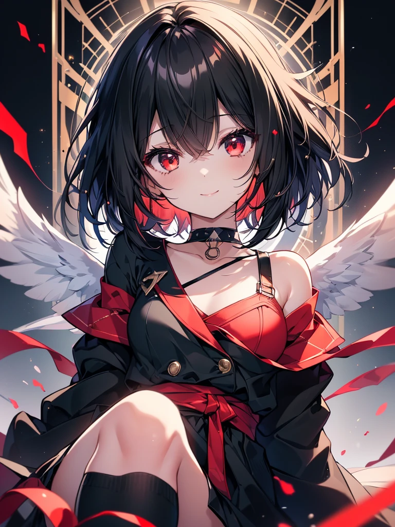 (masterpiece, highest quality, highest quality, (No text), Beautiful and aesthetic:1.2),No text,アニメ、BREAK,One Girl,Black Hair Girl short hair older sister choker Beautiful eyes Red eyes cool smile Black and Red Cute clothes Black jacket stockings whole body In town
