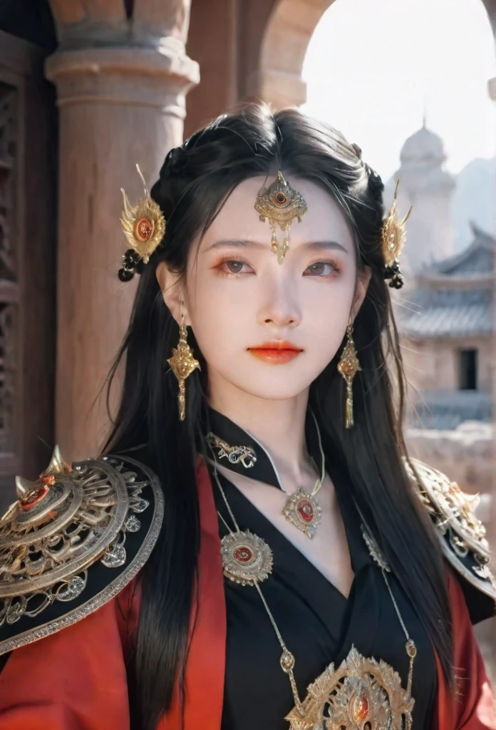 Concept art, fantasy theme, close-up shot, dramatic and highly detailed. A girl with long black straight hair and red eyes, wearing black armor and a red robe. She has a beautiful face and a perfect female figure, adorned with an earring. Her posture is alluring and prestigious, with a focus on her upper body as she looks into the distance with an evil laugh. The background features an indoor scene with ruins and fire, creating a mystical and intense atmosphere. High contrast lighting, Nikon camera, 100mm lens, F1.2 aperture.