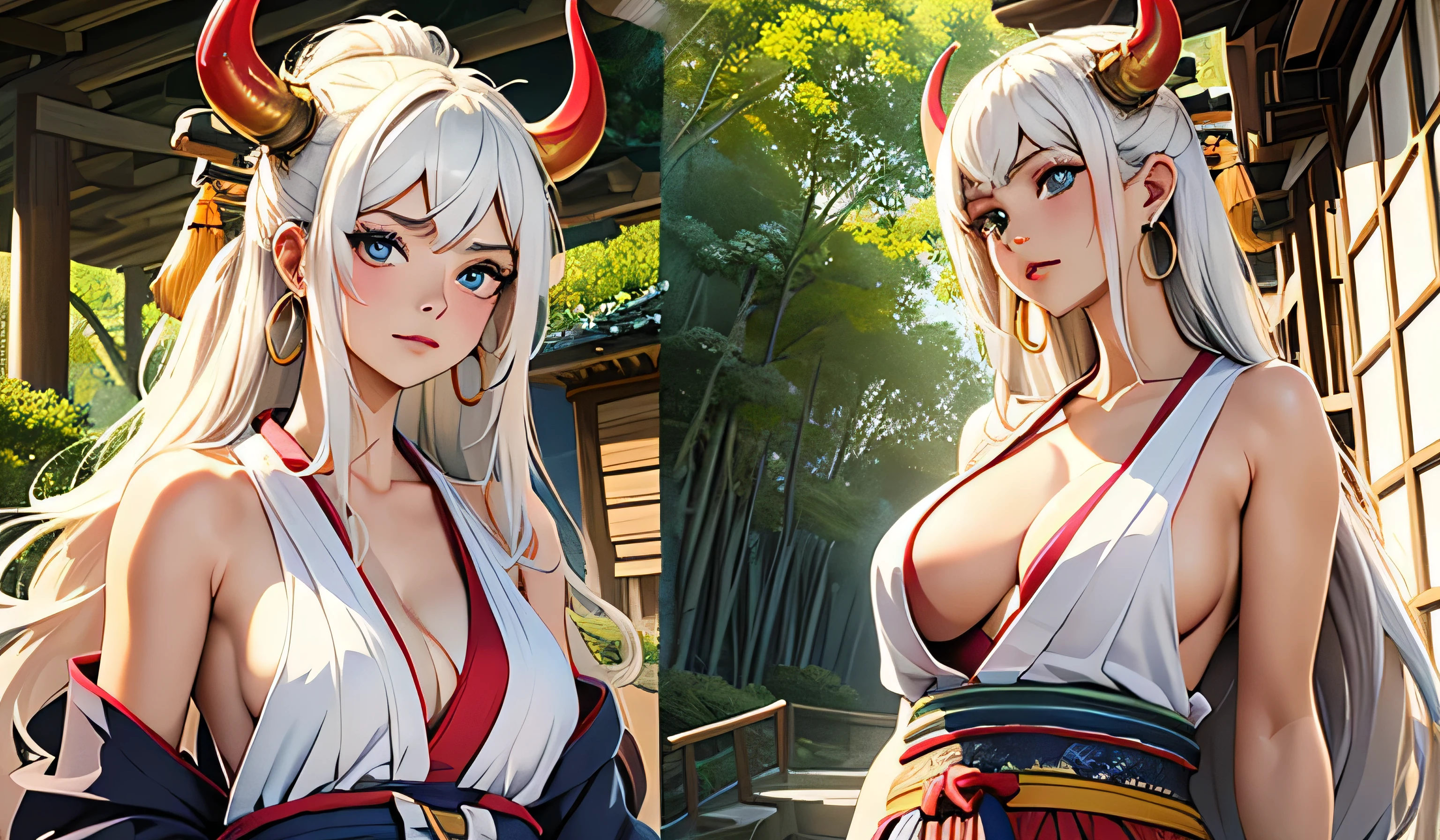 Masterpiece, ((Ultra detailed backgrounds, Delicate pattern, Intricate High Details)), (highly detailed, finedetail), Best quality, Beautiful lighting, (((medium breasts, lean girl, Very thin girl))), (cow boy shot), Yamato V2, laying down, posing, Long hair, 1girl, banya, white hair, Tik, their, Red horns, Spiral horn, hair multicolored horns), jewelry, Earrings, Japanese clothes, kimono, hair stick, Sleeveless, Bare shoulders, aqua hair, side locks, hoop earrings, hakama, surprised expression, bamboo trees, japanese sento