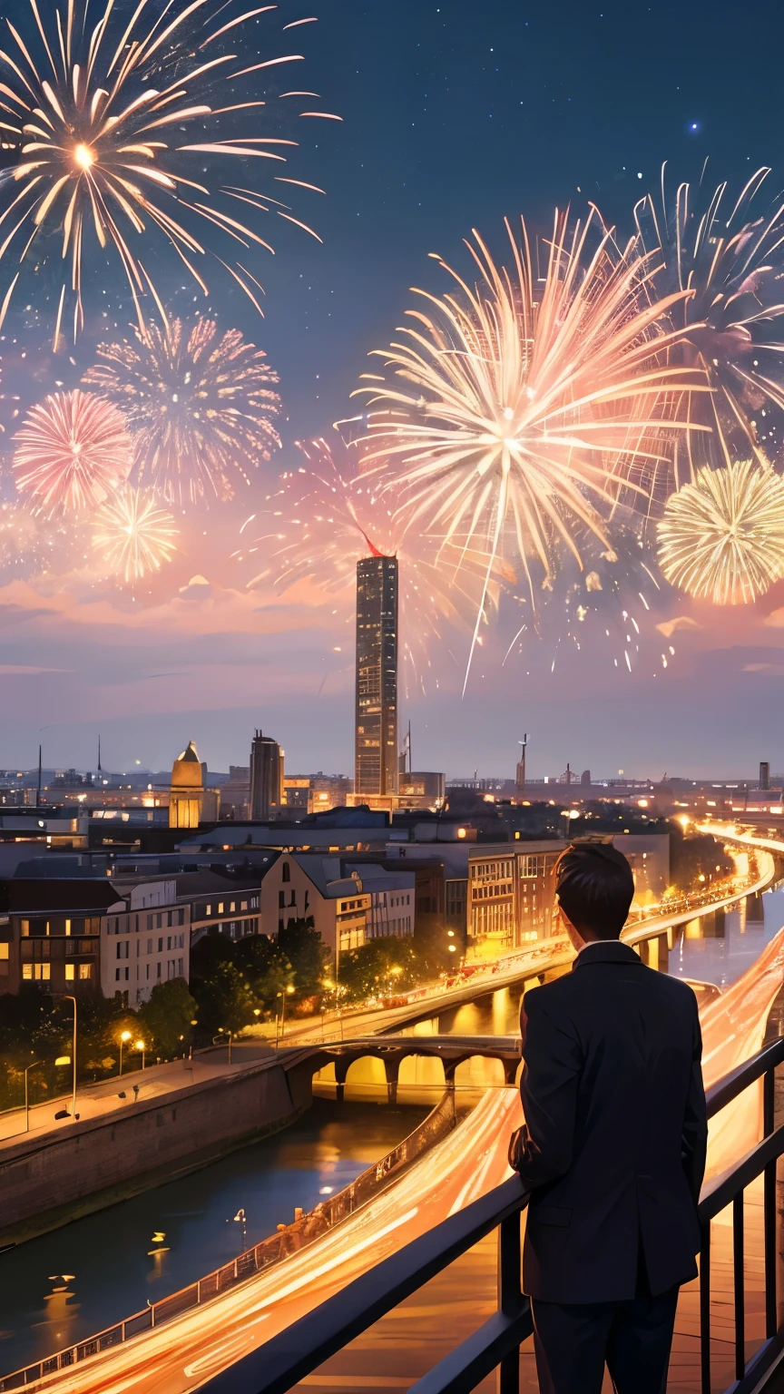 Detail, ultra quality, fireworks, fireworks on the night sky, night time, across the river, a man watching fireworks on a bacony across the river, bacony, tall building, building across the river, view from high, view from behind