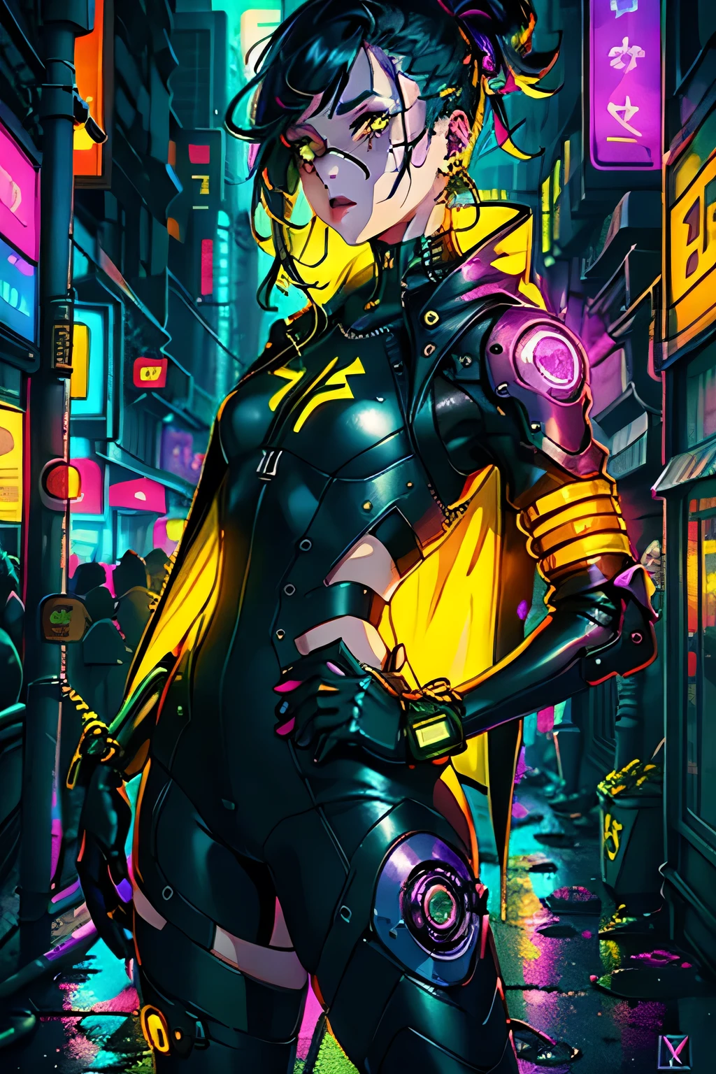 1 girl,standing alone,colorfully,yellow eyes,cyber punk,citys,peace sign,aretes,cabelo roxo,eye patche,freckles,prosthesis,Mechanic,neon,beautiful lighting,purple reflection,cape,smoke,character focus,Computer graphics illustration,shot not bust,yellow and black outfit,Bblack hair,
