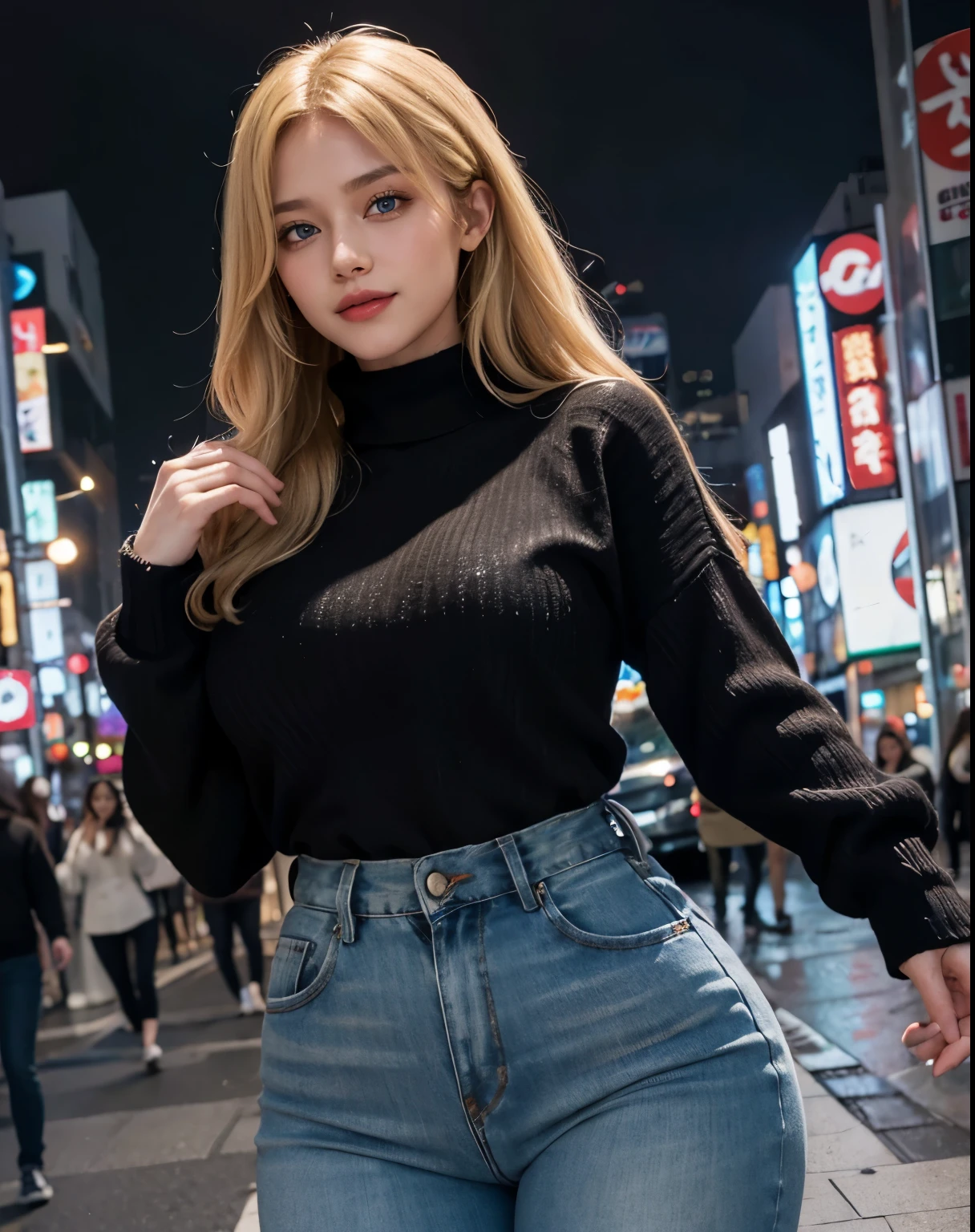 1girl, (Blue Eyes), (smiling :1.2), (Sana Minatozaki), wide hips, (big tits :1.2), (big ass), (thin waist), (thick thighs), (Best Quality, 8k, Masterpiece: 1.3), Clear Focus: 1.2, Perfect Body Beauty: 1.4, (strong abs), Highly detailed face and skin texture, detailed eyes, double eyelids, (toned body :1.2), red lips, (long blonde hair :1.2), ((black sweater :1.2)), (jeans :1.1), standing, dynamic pose, in a Tokyo neighborhood at night, buildings with colorful signs, wet street