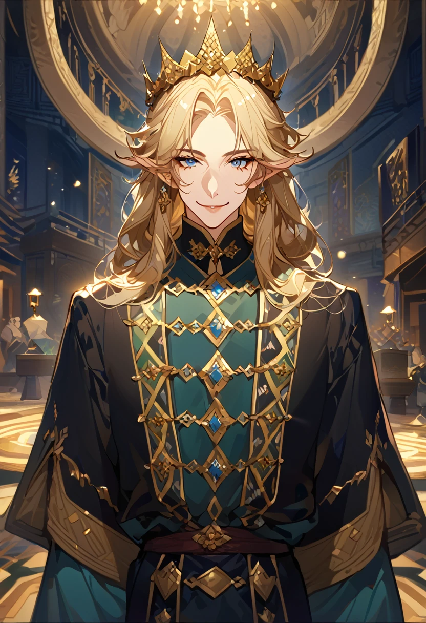 masterpiece, best quality, 8k ,4k , 1male, elf King, Golden Blond, Blue greenish eyes, gold wreath crown, hair ornament, long hair, finely detailed eyes and detailed face, looking at viewer, black sleeveless, half robe, patterned clothes, gold embroidery clothes, meticulous clothes, mature clothe, majestic looks, smiling gently, small bird, full body, inspired by Asukaziye artist : ask, art style : ask