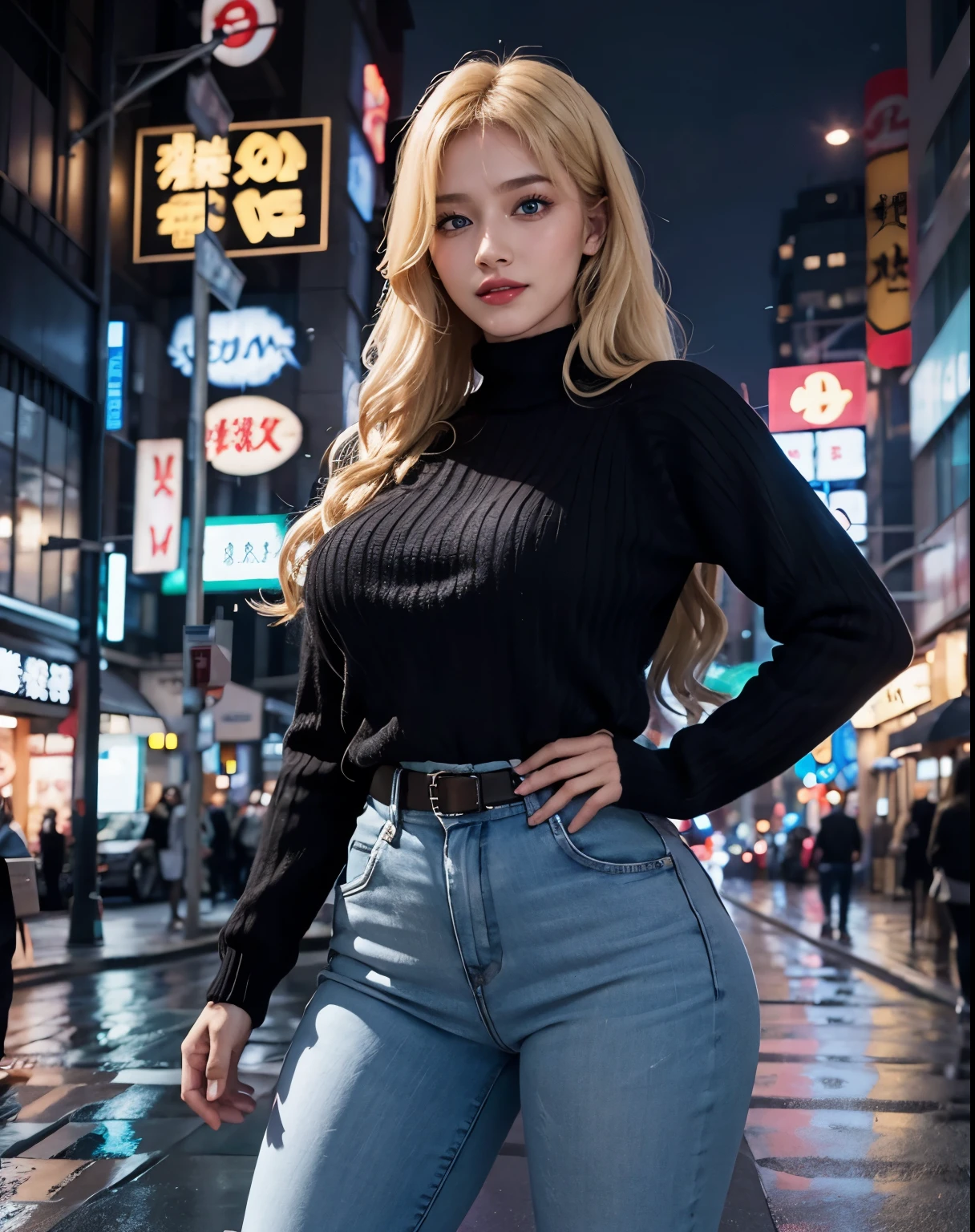 1girl, (Blue Eyes), (smiling :1.2), (Sana Minatozaki), wide hips, (big tits :1.2), (big ass), (thin waist), (thick thighs), (Best Quality, 8k, Masterpiece: 1.3), Clear Focus: 1.2, Perfect Body Beauty: 1.4, (strong abs), Highly detailed face and skin texture, detailed eyes, double eyelids, (toned body :1.2), red lips, (long blonde hair :1.2), ((black sweater :1.2)), (jeans :1.1), standing, dynamic pose, in a Tokyo neighborhood at night, buildings with colorful signs, wet street