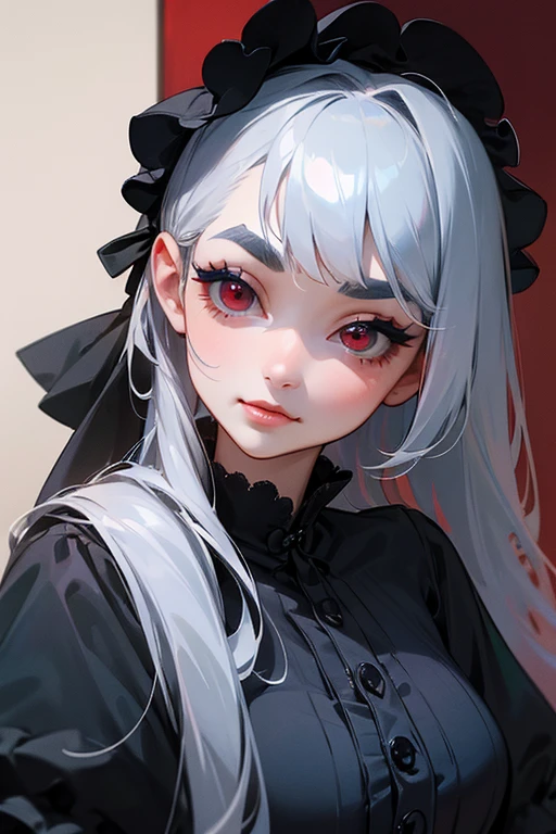 (Highest quality, masterpiece:1.2), High resolution, 最高masterpiece、Very detailed, Realistic:1.37, Fantasy, An illustration,Gray Hair、 Red eyes、Queen, Navy and blue dress、beautifully、Eyeshadow Red、Thick eyebrows、Long eyelashes、pupils are black、shiny on the lips、Top Sites、Queen、Princess、A kind smile、Soft impression、people々Loved by、Slimming the face、Shoulder Bare、ponytail、Kissing Face、Long white hair、Shaggy Bangs、(Save face image).(Gothic Lolita)、