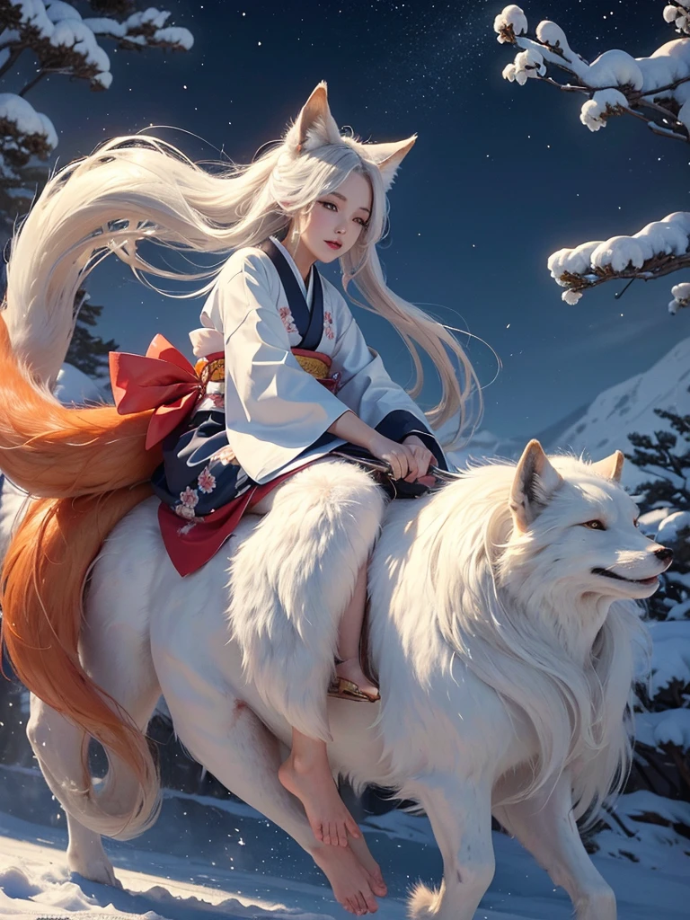 (best quality, ultra high res, beautiful woman, riding nine-tailed fox, white snowy background, kimono, long flowing hair, detailed fur texture)