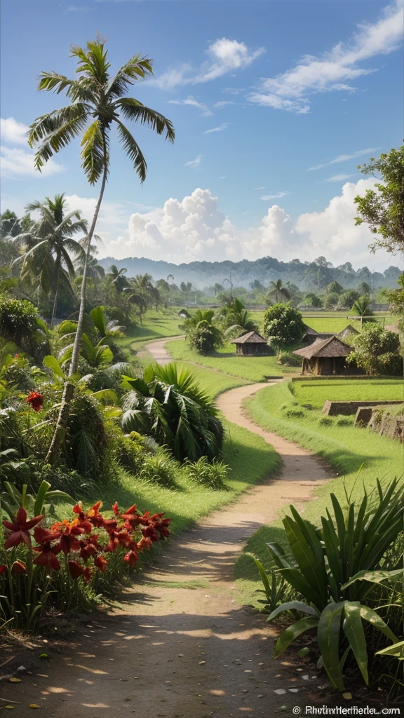 Wet on dry watercolor image of sawahpadi di tanah berpetak, with a path beside the paddy fields, coconut trees, banana trees, red hibiscus Flowers beside the path, grass, wild grass, and distant hills.