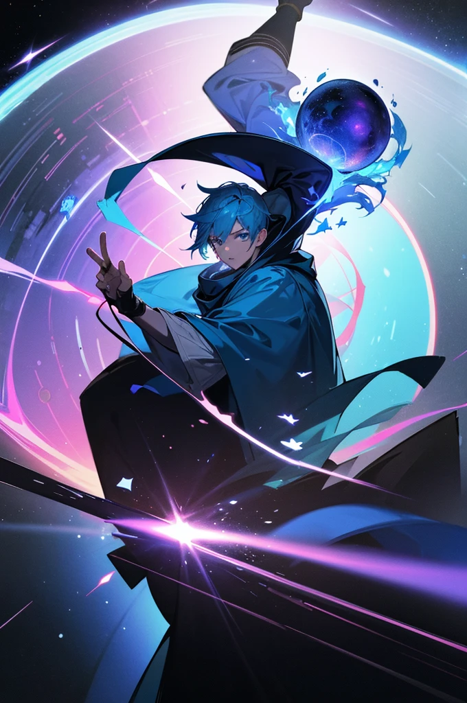 A young man with blue hair and blue eyes, wearing a blue hooded robe, deploying a huge black magic circle, background: distortion of space-time, asteroid belt, supernova explosion in hand, upside down