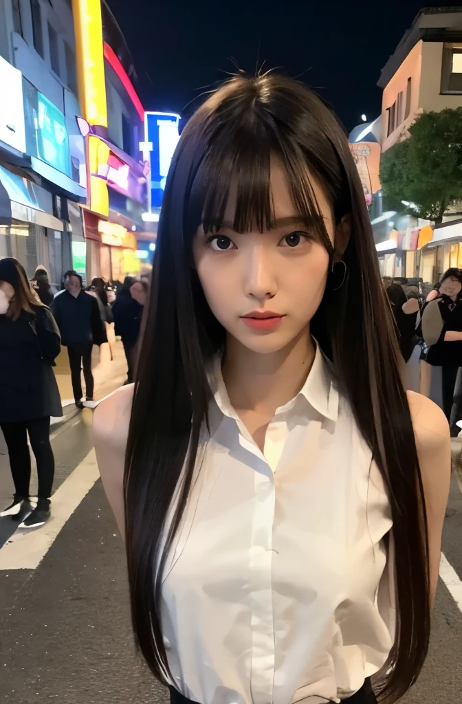 (((best quality))),1 female,slender face,(((arms behind))),(((cool beauty))),Black Hair,Brown Eyes,medium hair,straight hair,small breasts,looking at viewer,bed,25 years old,No pubic hair,Height: 160cm,(full body),blouse,Standing in a busy street at night,mini skirt,Provocative look,bangs